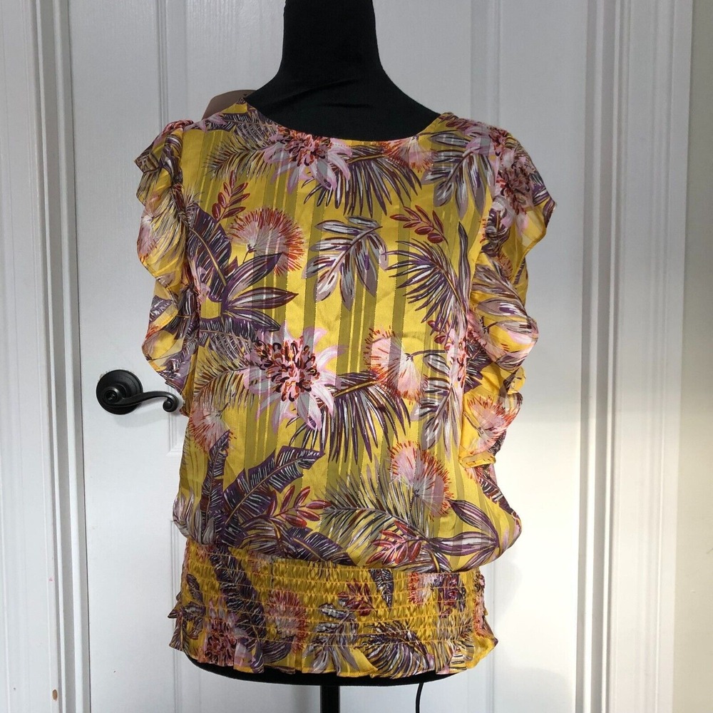 Pleione Yellow Tropical Floral Smocked Hem Flutter Sleeve Blouse WOV511451 Small